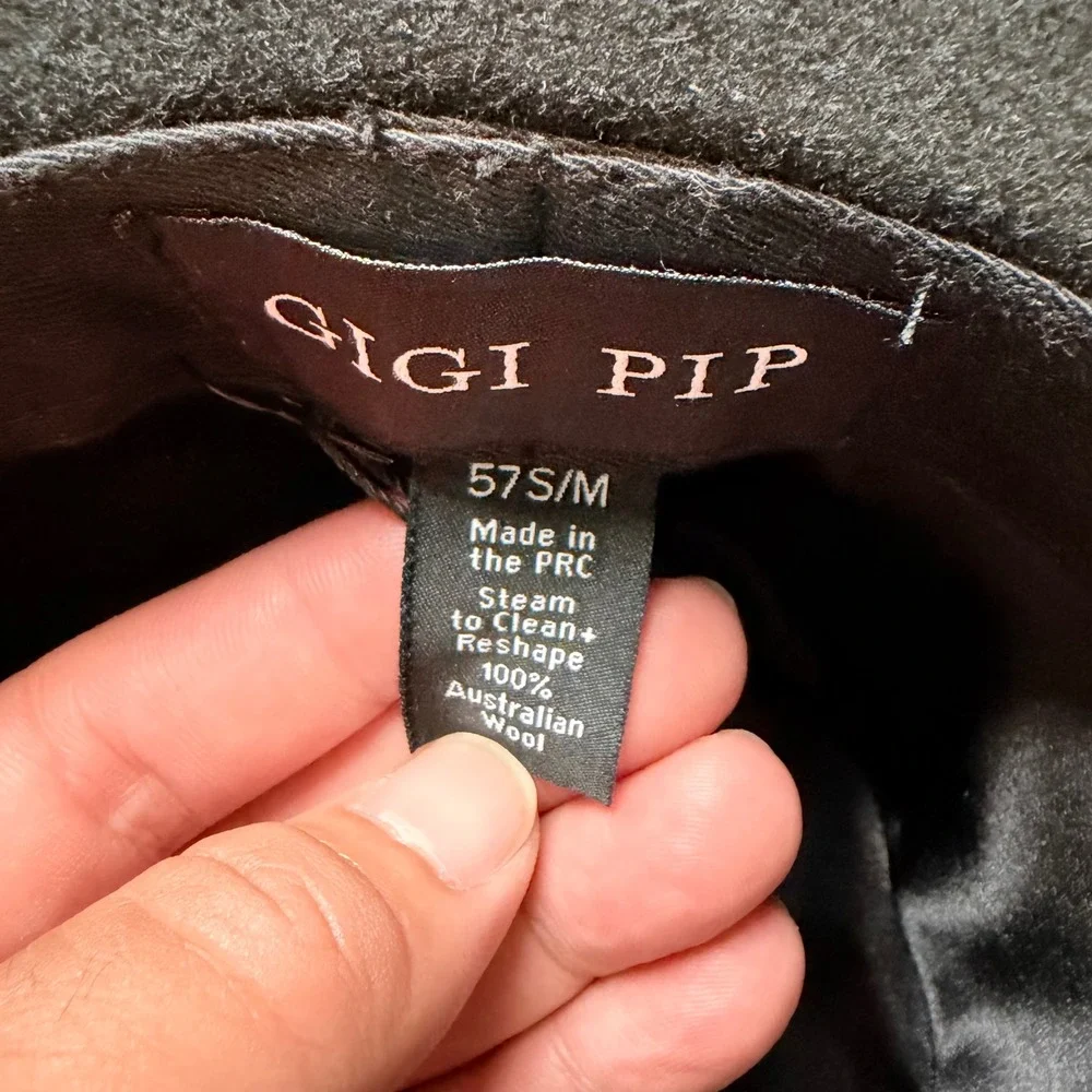 Gigi Pip Black 100% Australian Wool Wide Brim Fedora Hat 57 S/M